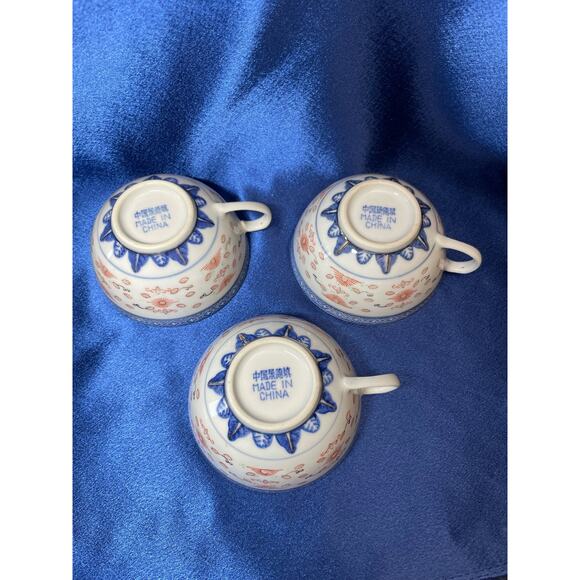 Set of 3 Chinese Grain of Rice Porcelain Tea Cup and Saucer - Picture 5 of 9